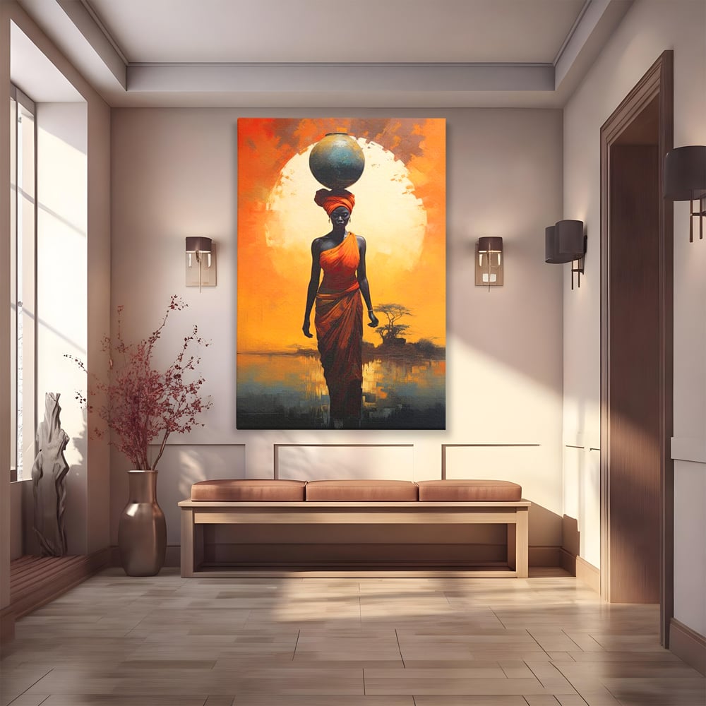 Tablou canvas cu tablou canvas cu femeie africana si ulcior, fara rama, pe sasiu de lemn